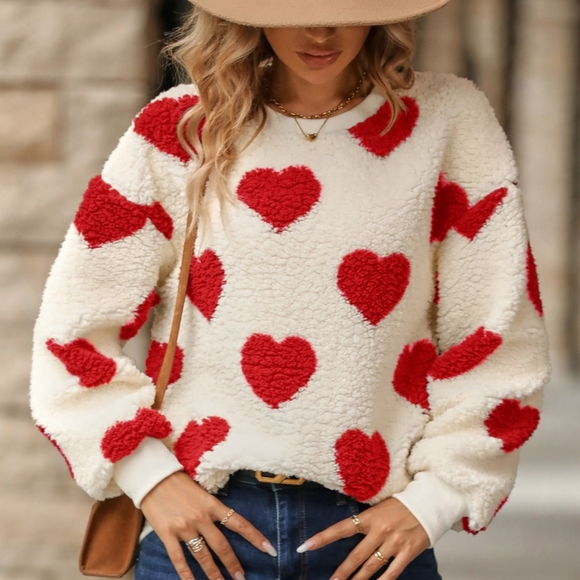 Harmony In Nature Tops - Fuzzy Affection Heart Sweatshirt - Red